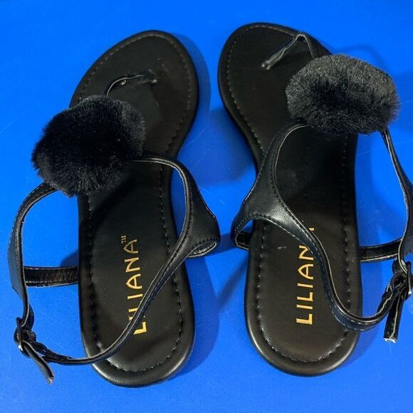 Liliana Black Faux Fur Pom Sandals - Picture 5 of 7
